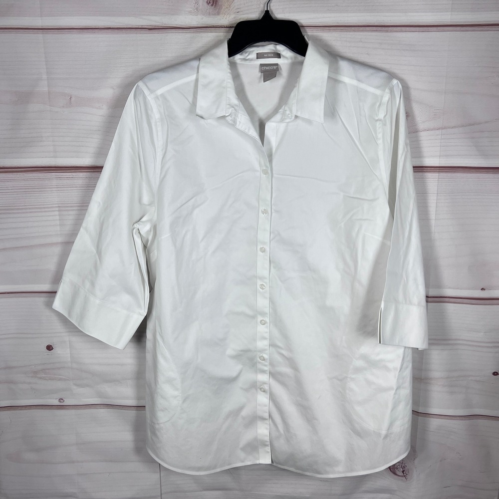 Chico's Button Up Top Womens 4 20 22 White No Iron Shirt 3/4 Sleeve Cotton Tunic